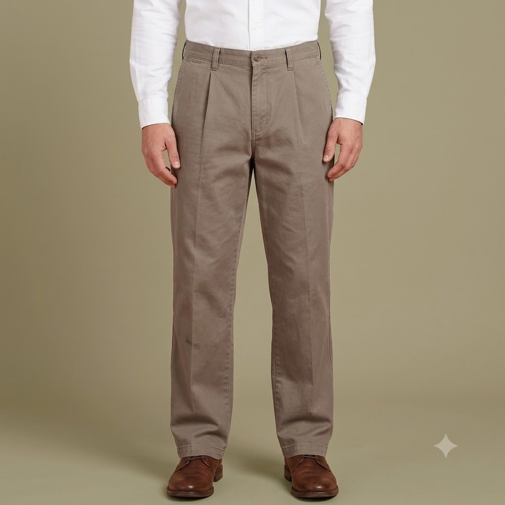 Lee Never Iron Relaxed Fit Pleated Chino Pants Men's 38x32 Taupe Cotton EUC‎